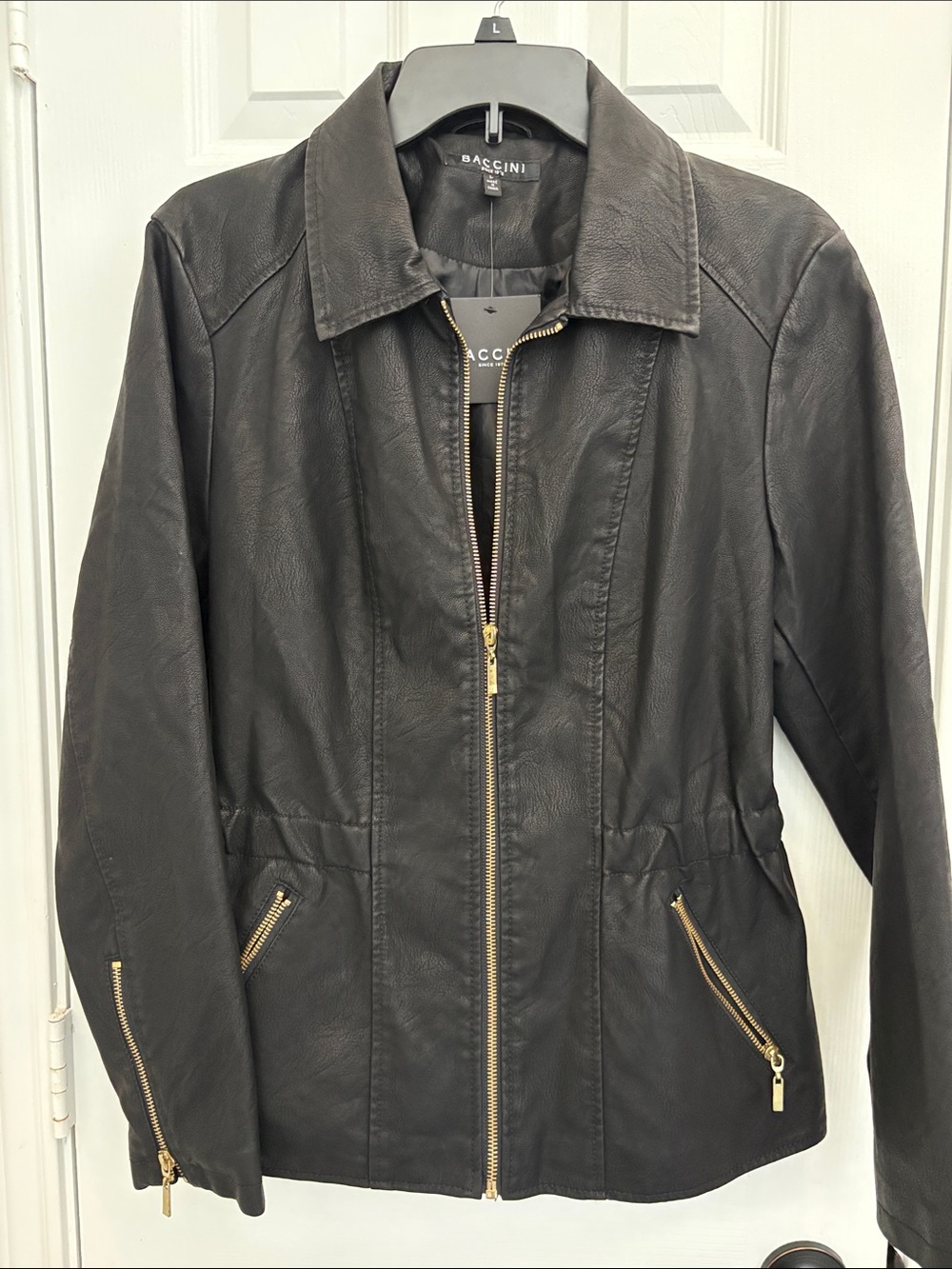 Baccini Black Leather Zip-Front Jacket with Gold Hardware